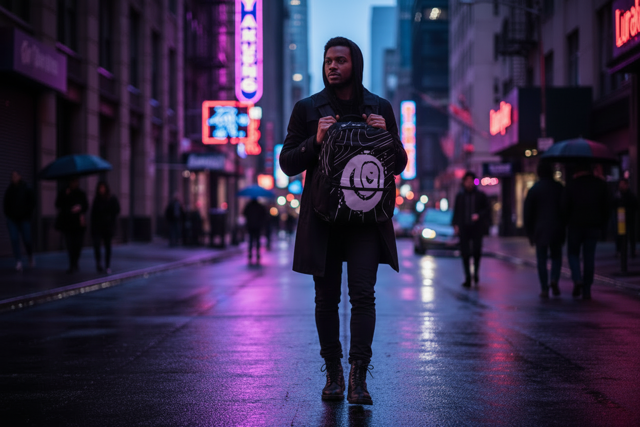 Noir backpack banner with brown-skinned person